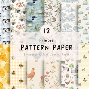 Peut inclure: Un ensemble de 12 papiers à motifs imprimés pour le scrapbooking et le junk journaling. Les designs présentent diverses illustrations incluant des vaches, des mûres, des plongeons sur un étang, des oiseaux sur des branches, de la toile bleue, des grenouilles, des alvéoles, des abeilles, des poules, des fleurs, des scènes de ferme avec des chevaux et des papillons.