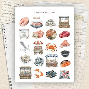 May include: A collection of watercolour illustrations depicting seafood, such as fish, shellfish, and prepared dishes. The images include a fish market cart, a sign that says "Seafood Market", and the text "Fresh Catch".