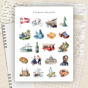May include: A collection of watercolor illustrations featuring Danish landmarks, food, and cultural elements. Includes a Danish flag, a bicycle, a canal scene, a statue, and a bottle of beer. The text "L'armoire des profs" is at the top.