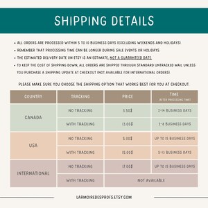 May include: Shipping details table for Canada, USA, and International orders. The table shows the price and estimated delivery time for orders with and without tracking.  The table also includes the text "LARMOIREDESPROFS.ETSY.COM".