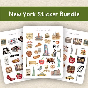 Peut inclure: Un ensemble d'autocollants comprenant trois feuilles d'illustrations sur le thème de New York, incluant un taxi jaune, la Statue de la Liberté, une part de pizza, un hot-dog, un bretzel, l'Empire State Building, un taureau, un pigeon et le texte The Big Apple.