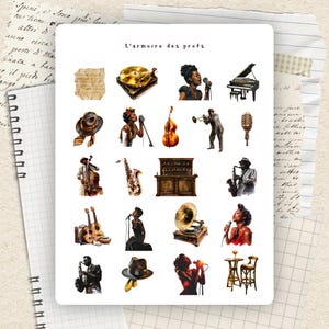 Pode incluir: Uma folha de autocolantes intitulada L'armoire des profs com vinte ilustrações individuais com temática de jazz, incluindo um gira-discos dourado, um piano de cauda, um contrabaixo, um saxofone, um microfone vintage e músicos.