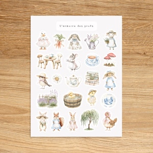 SPRING ANIMALS Stickers, Duck Bunny Rabbits Garden Watercolor Stickers, Cute Vintage Rustic Countryside Cottagecore Junk Journal Stickers