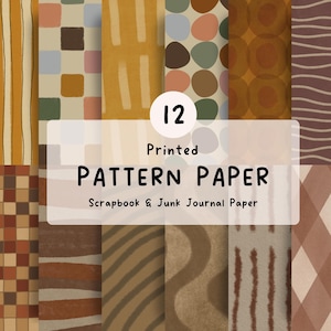Peut inclure: Une collection de 12 papiers à motifs imprimés pour le scrapbooking et les journaux créatifs. Les designs présentent des tons terreux variés, dont le jaune moutarde, la terre cuite, le brun et le vert sauge, avec des formes géométriques.