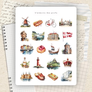 May include: A sheet of watercolour illustrations depicting Danish culture, including a windmill, hot dog, bicycle, and a Danish flag. The text "L'armoire des profs" is at the top. Other illustrations include a Viking ship and a castle.