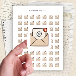 May include: A sheet of stickers featuring email envelope illustrations. The stickers are in a beige colour with a red notification dot. One envelope is open, displaying an at symbol and a notification.
