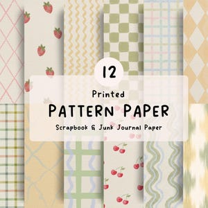 Peut inclure: Un ensemble de 12 feuilles de papier à motifs imprimés pour le scrapbooking et le junk journaling. Les designs présentent divers motifs incluant des fraises rouges, des cerises, des carreaux verts, des lignes ondulées et des losanges aux tons pastel.