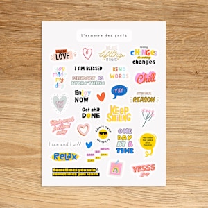 AFFIRMATION Theme Sticker Sheet / Selfcare Positive Quotes Sticker Pack / Inspirational Wellness Stickers for Journal and Planners