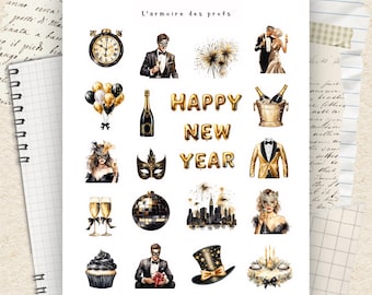 New Year Planner Stickers, New Years Eve Sticker Sheet, Black and Gold Party Stickers, Celebration Planner Icons