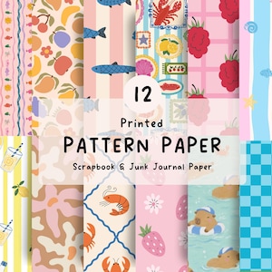 May include: A set of 12 printed pattern papers for scrapbooking and junk journals. The papers showcase diverse designs, such as fruits, fish, and floral motifs, in a vibrant and playful aesthetic.