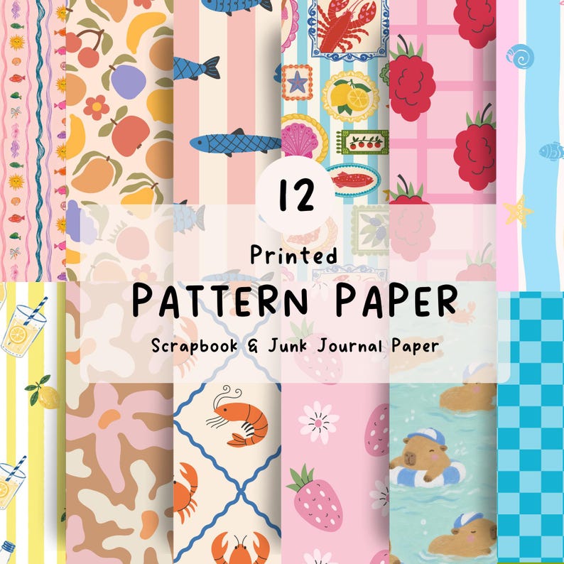 K&ouml;nnte beinhalten: Eine Sammlung von 12 bedruckten Musterpapieren f&uuml;r Scrapbooking und Junk-Journals. Die Papiere zeigen verschiedene Designs, darunter Fr&uuml;chte, Fische und florale Muster, in einem farbenfrohen und skurrilen Stil.
