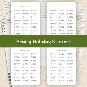 May include: Four sheets of stickers with holiday-themed icons and text. The stickers are organized by holiday, including Christmas, Easter, and New Year's. The text "Yearly Holiday Stickers" is in a green banner.