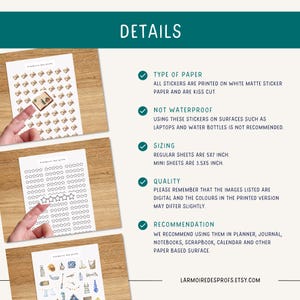 May include: Details about sticker paper, including the type of paper, sizing, quality, and recommendations for use. The paper is white matte sticker paper and is kiss cut. The regular sheets are 5x7 inches and the mini sheets are 3.5x5 inches. The stickers are not waterproof and are recommended for use on paper-based surfaces.