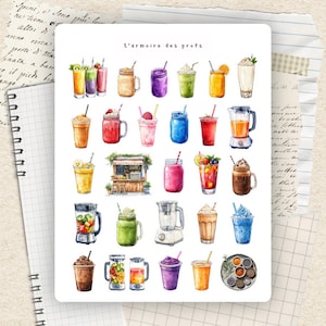 May include: Watercolor illustration of various smoothies and drinks, including blended beverages, in glasses and jars. The image features a small stand and a blender. The text "L'armoire des profs" is at the top.