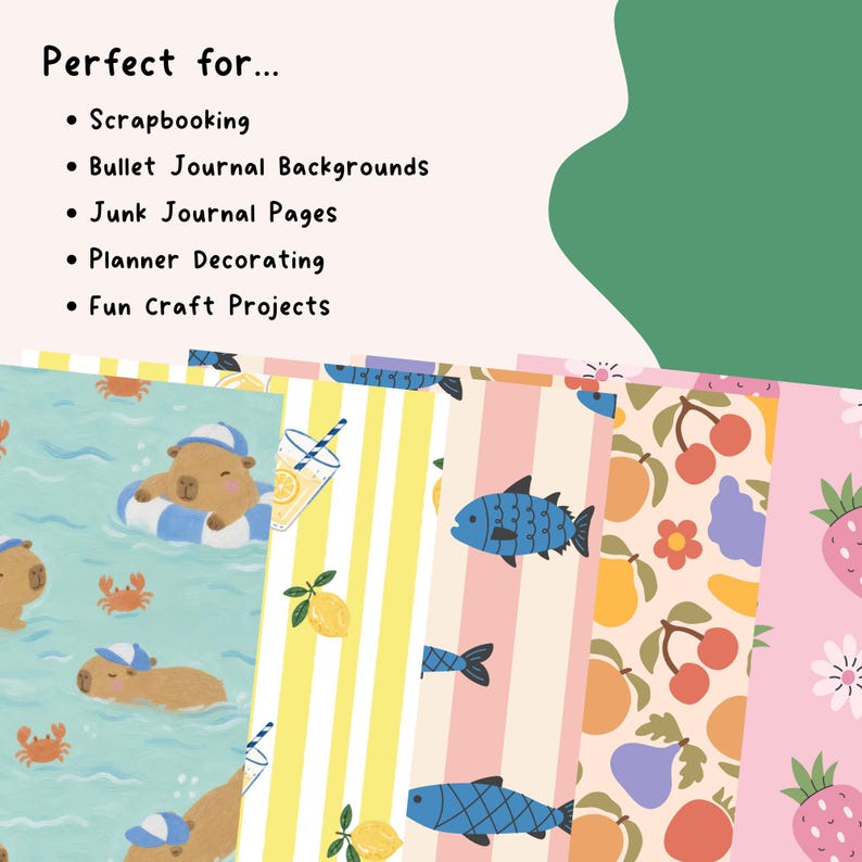 K&ouml;nnte beinhalten: Eine Sammlung von bedruckten Papierb&ouml;gen mit verschiedenen Designs, darunter Wasserschweine, Zitronen, Fische und Fr&uuml;chte. Der Text "Perfect for..." steht oben, gefolgt von einer Liste von Bastelprojektideen, wie Scrapbooking und Bullet Journaling.