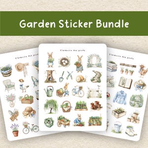 Peut inclure: Un ensemble d'autocollants de jardin avec trois feuilles d'autocollants à l'aquarelle. Les autocollants comprennent des illustrations sur le thème du jardin, telles que des lapins, des outils de jardinage, des légumes et des fleurs. Le texte "Garden Sticker Bundle" est affiché en haut.