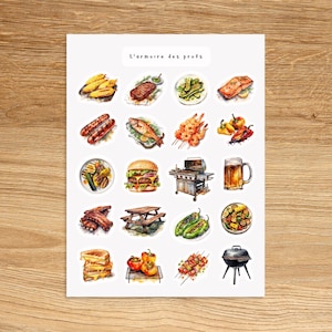 Peut inclure: Une planche d'autocollants avec des illustrations à l'aquarelle d'aliments pour barbecue. Comprend du maïs en épi, du steak, des légumes grillés, du saumon, des saucisses, du poisson, des brochettes de crevettes, des poivrons, un burger, un grill, de la bière, des côtes levées, une table de pique-nique, etc. Le texte dit "L'armoire des profs".