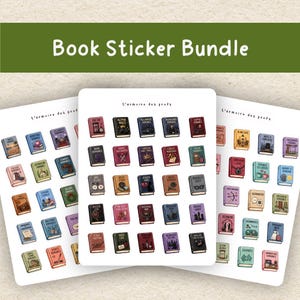 May include: A sticker bundle with three sheets of book-themed stickers. Each sticker shows a miniature book with titles such as "Alpha Male" and "Forced Romance." The stickers are colourful and detailed, with a variety of designs.