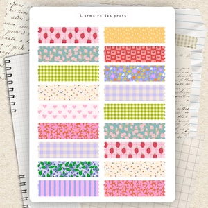 Peut inclure: Une planche d'autocollants intitulée L'armoire des profs présentant vingt bandes rectangulaires avec divers motifs dont des framboises, des cœurs, du vichy, des pois, des fleurs et des rayures dans des tons rose, vert, bleu, jaune et violet.
