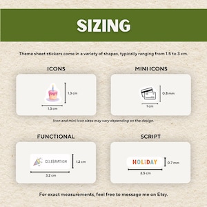 Puede incluir: Imagen que muestra informaci&oacute;n sobre el tama&ntilde;o de las pegatinas. El texto "SIZING" est&aacute; en la parte superior. La imagen muestra ejemplos de formas y tama&ntilde;os de pegatinas, incluyendo iconos, mini iconos, funcionales y de texto. Las medidas est&aacute;n en cent&iacute;metros.