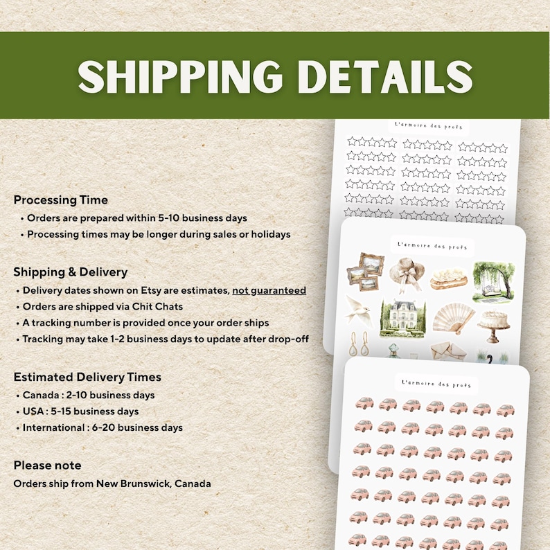 Peut inclure: Plusieurs planches d'autocollants d&eacute;coratifs avec des motifs vari&eacute;s, notamment des &eacute;toiles, des illustrations miniatures de b&acirc;timents et de voitures. Les autocollants sont dispos&eacute;s sur une surface claire, avec le texte "SHIPPING DETAILS" en haut.
