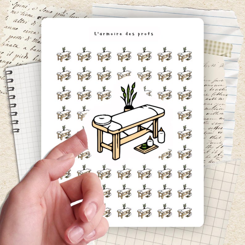 May include: A sheet of stickers featuring massage tables, candles, and plants. The text "L'armoire des profs" is at the top. The stickers are on a white background, with a hand partially visible.