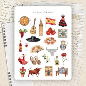 May include: A collection of watercolor illustrations featuring Spanish cultural elements. Includes a paella dish, guitar, Spanish flag, flamenco dress, peppers, tapas, wine, a bull, and the text "L'armoire des profs" and "FERIA ABRIL".