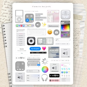 May include: A digital sticker sheet titled L'armoire des profs featuring various user interface elements, including music players, keyboards, volume controls, search bars, text bubbles, emojis, color palettes, and icons in a clean, modern aesthetic.