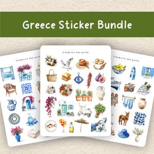 Puede incluir: Un conjunto de pegatinas con ilustraciones de acuarela de Grecia. Las pegatinas incluyen im&aacute;genes de comida, arquitectura y elementos culturales. El texto "Greece Sticker Bundle" se muestra en blanco sobre un fondo verde.