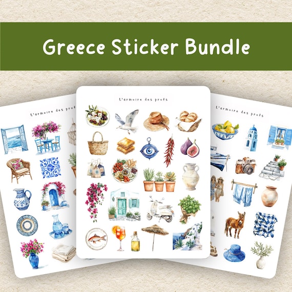 Greece Sticker Bundle, Travel Stickers, Greek Stickers, Vacation Stickers, Mediterranean Stickers, Scrapbook Stickers, Summer Stickers