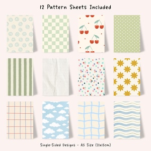 May include: A set of 12 A5 size (21x15cm) single-sided pattern sheets featuring various designs including blue swirls, green checkers, smiling cherries, green polka dots, green stripes, black dots, colorful confetti, yellow stars, red grid, clouds, blue grid, and wavy lines.