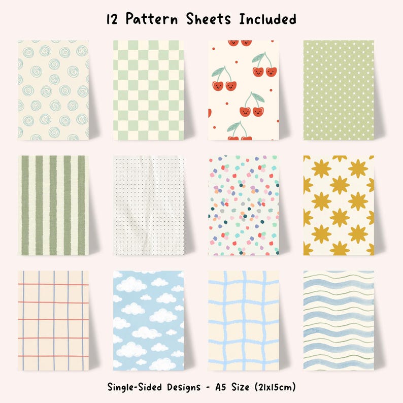 May include: A set of 12 A5 size (21x15cm) single-sided pattern sheets featuring various designs including blue swirls, green checkers, smiling cherries, green polka dots, green stripes, black dots, colorful confetti, yellow stars, red grid, clouds, blue grid, and wavy lines.
