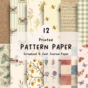 Peut inclure: Un ensemble de 12 papiers à motifs imprimés pour le scrapbooking et le junk journaling. Les designs présentent diverses illustrations incluant des papillons, des abeilles, des fleurs sauvages, un canard, des notes de musique et des motifs floraux.