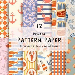 Peut inclure: Une collection de 12 papiers à motifs imprimés sur le thème marin et nautique. Les motifs comprennent des ancres, des crabes, des poissons, des coquillages et des sardines. Le texte sur le papier indique "PATTERN PAPER" et "Scrapbook & Junk Journal Paper."
