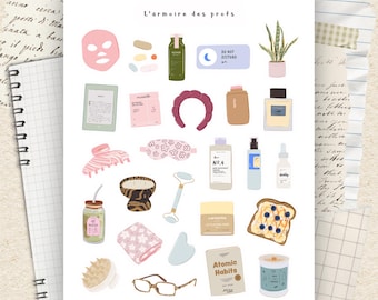 May include: A collection of illustrated self-care items, including a face mask, skincare products, a sleep mask, a jade roller, and a book titled "Atomic Habits." The text "L'armoire des profs" is at the top.