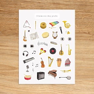 MUSICAL INSTRUMENTS Stickers for Planners Journals Scrapbooking and Notebooks, Music Cute Decorative Fun Watercolor Stickers