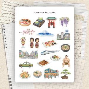 Peut inclure: Une planche d'autocollants intitulée L'armoire des profs présentant des illustrations à l'aquarelle d'icônes culturelles japonaises, notamment des sushis, un torii, des glycines, le mont Fuji, un train à grande vitesse, un sumo et un bonsaï.
