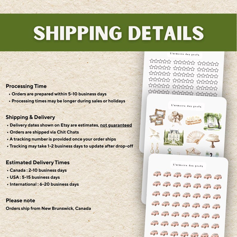 Puede incluir: Una pila de pegatinas decorativas con varios dise&ntilde;os, incluyendo estrellas, ilustraciones en miniatura de edificios y coches. Las pegatinas est&aacute;n dispuestas sobre una superficie clara, con el texto "SHIPPING DETAILS" en la parte superior.