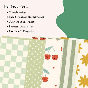 May include: A collection of patterned craft papers featuring a light green checkerboard, white stars on green, red smiling cherries on cream, green stripes, and yellow sunbursts. The text reads: Perfect for... Scrapbooking, Bullet Journal Backgrounds, Junk Journal Pages, Planner Decorating, Fun Craft Projects.