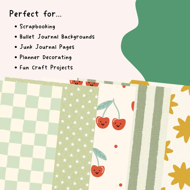 May include: A collection of patterned craft papers featuring a light green checkerboard, white stars on green, red smiling cherries on cream, green stripes, and yellow sunbursts. The text reads: Perfect for... Scrapbooking, Bullet Journal Backgrounds, Junk Journal Pages, Planner Decorating, Fun Craft Projects.