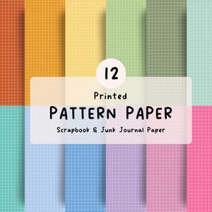 May include: A collection of 12 sheets of printed pattern paper featuring a grid design in various colours including orange, yellow, green, blue, purple, and pink. The text 12 Printed PATTERN PAPER Scrapbook & Junk Journal Paper is centred.