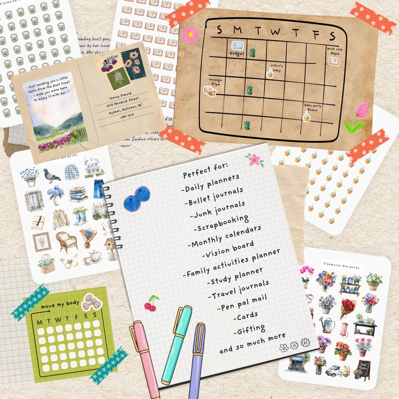 Peut inclure: Une collection d'articles de papeterie, comprenant des autocollants, un calendrier hebdomadaire, un bloc-notes avec une liste "Parfait pour" et des stylos color&eacute;s. Les articles sont dispos&eacute;s sur une surface claire, avec des accents de ruban adh&eacute;sif d&eacute;coratif.