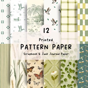 Könnte beinhalten: Eine Sammlung von 12 bedruckten Musterpapieren für Scrapbooking und Junk Journaling. Die Designs zeigen verschiedene Motive wie Enten, Schwäne, Schmetterlinge, Libellen, Weizenhalme, Gänseblümchen, Blätter und geometrische Karomuster in Grün und Weiß.