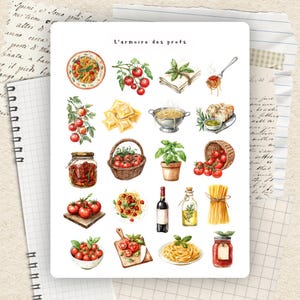 May include: Watercolor illustration of Italian food elements. Includes pasta dishes, tomatoes, basil, ravioli, a bottle of wine, and a jar of sun-dried tomatoes. The text "L'armoire des profs" is at the top.