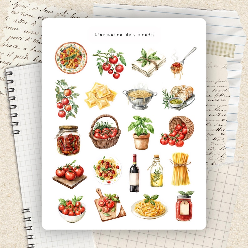 May include: Watercolor illustration of Italian food elements. Includes pasta dishes, tomatoes, basil, ravioli, a bottle of wine, and a jar of sun-dried tomatoes. The text "L'armoire des profs" is at the top.