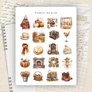 Peut inclure: Une planche d'autocollants sur le thème de l'automne avec des illustrations à l'aquarelle. Les autocollants comprennent des citrouilles, une écharpe, un latte, une cheminée, un épouvantail et le texte "L'armoire des profs". La palette de couleurs est chaude, avec des oranges, des bruns et des crèmes.