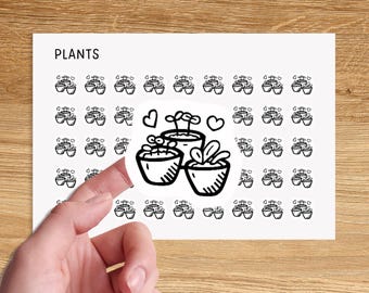May include: A sheet of stickers with a black and white illustration of three potted plants. The sheet is labeled "PLANTS" at the top.