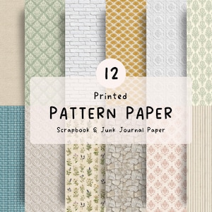 May include: A collection of 12 printed pattern papers for scrapbooking and junk journaling. The designs include sage green damask, white brick, gold scalloped scales, white embossed tiles, blue weave, floral botanical prints, and stone textures.