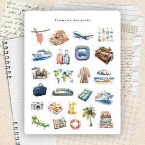 Puede incluir: Ilustraciones en acuarela de elementos tem&aacute;ticos de viaje, incluyendo un crucero, un avi&oacute;n, equipaje y escenas de playa. El texto "L'armoire des profs" est&aacute; en la parte superior. Las im&aacute;genes est&aacute;n sobre un fondo blanco.