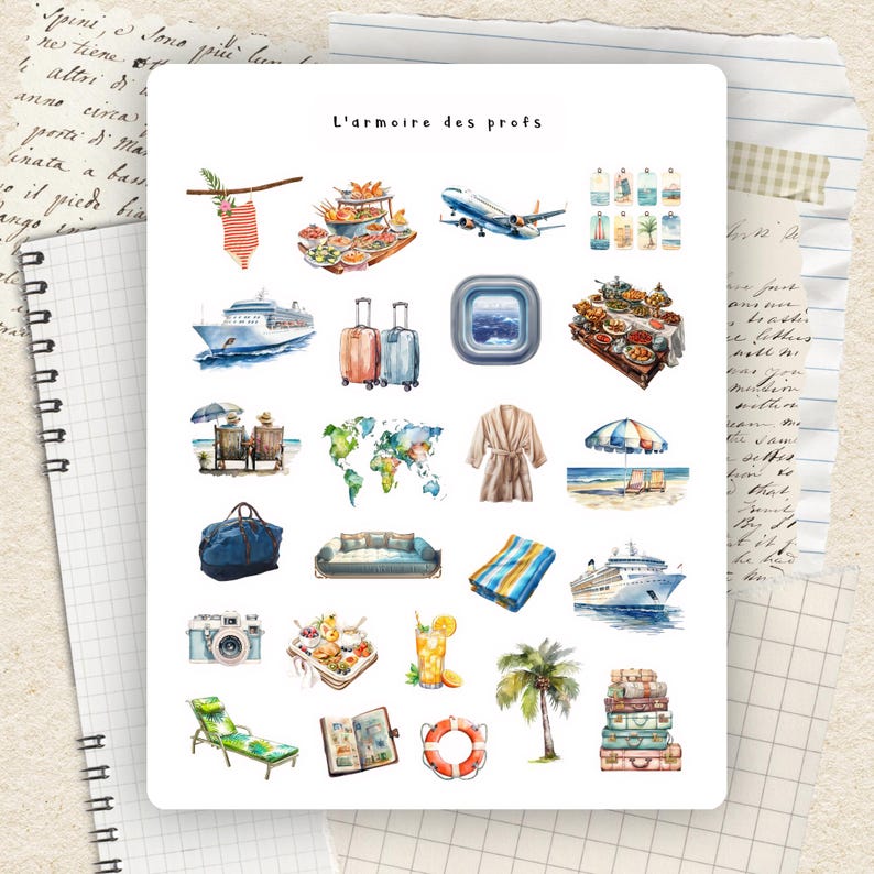 Puede incluir: Ilustraciones en acuarela de elementos tem&aacute;ticos de viaje, incluyendo un crucero, un avi&oacute;n, equipaje y escenas de playa. El texto "L'armoire des profs" est&aacute; en la parte superior. Las im&aacute;genes est&aacute;n sobre un fondo blanco.